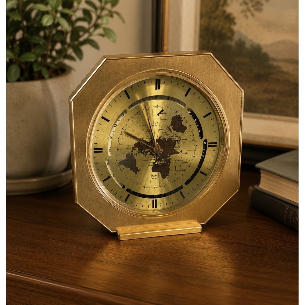 Vtg Kundo World Time Desk Clock West Germany Octagonal Brass Gold Quartz